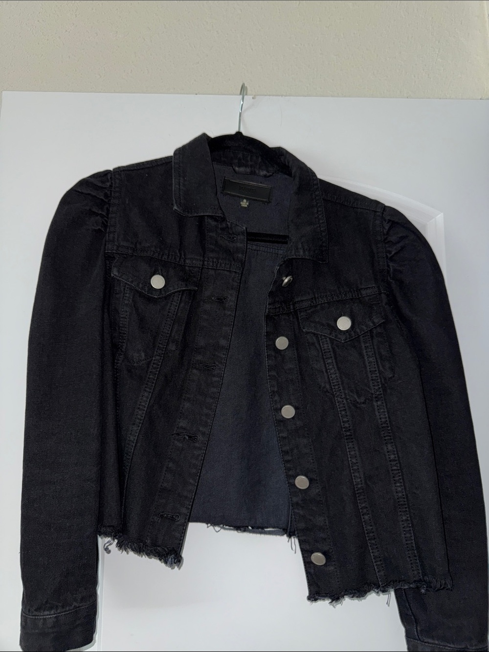 Blank NYC Black Distressed Denim Jacket with Puff Shoulders